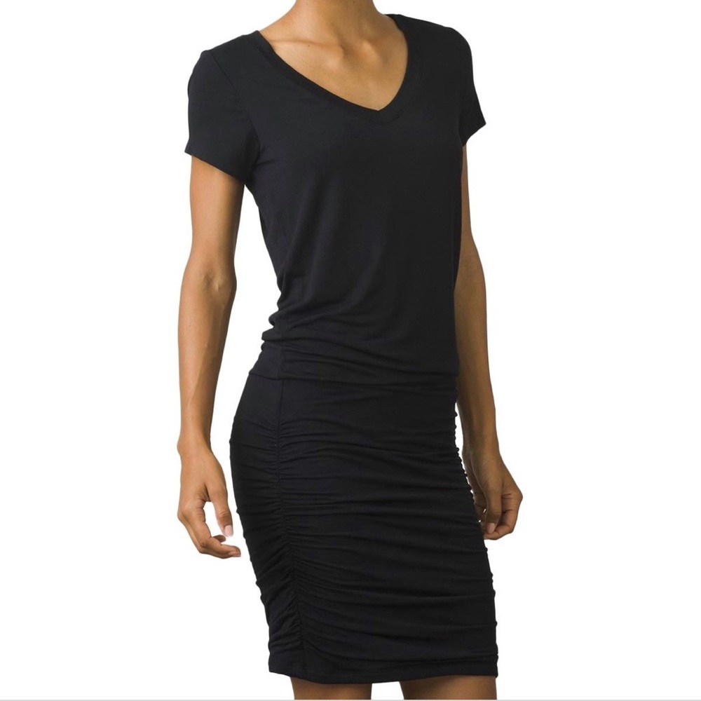 PrAna Black Foundation V-Neck Ruched Dress, sz Small